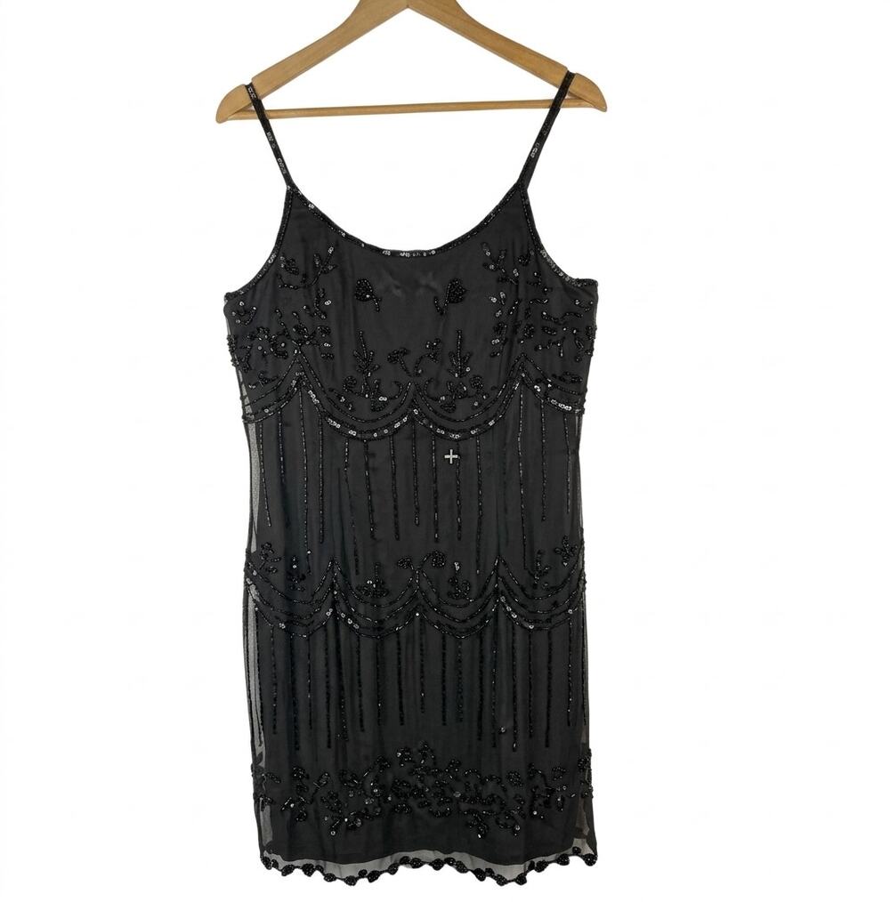 Vtg Papell Boutique Black Silk Beaded Slip Dress 14 Gatsby Flapper 20s Cocktail